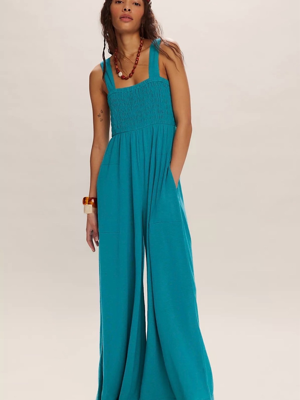 New-Free People Teal Wide-Leg Smocked FP Beach-Small